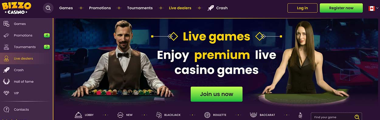 Live dealer games lobby at Bizzo Casino Canada.