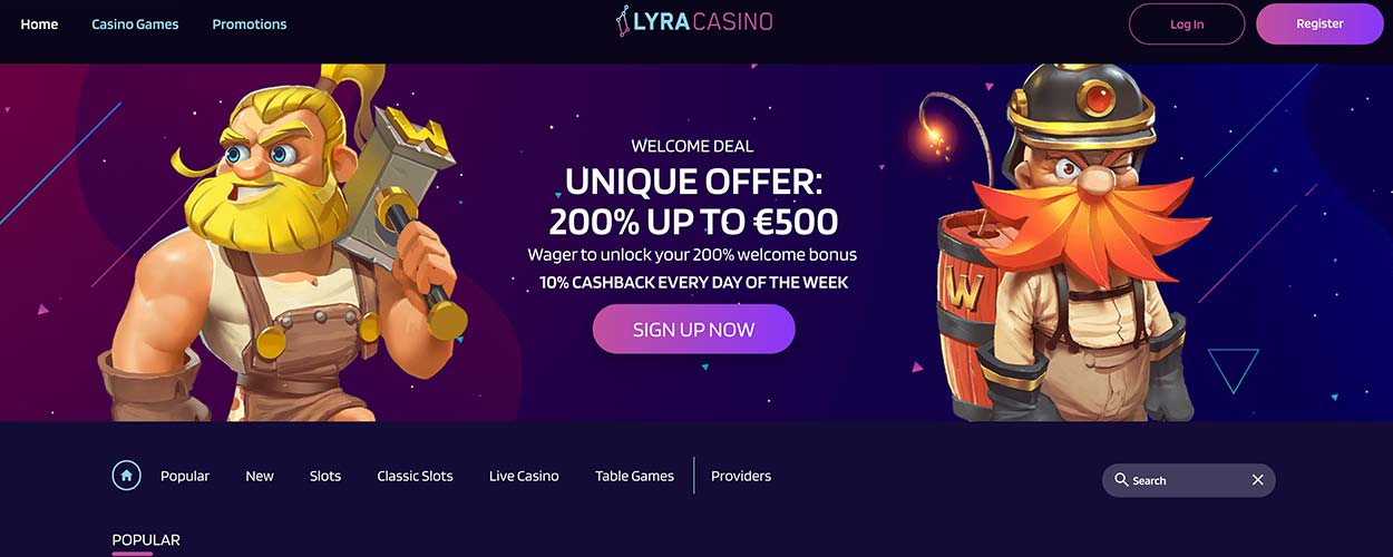 LyraCasino online gambling site home page