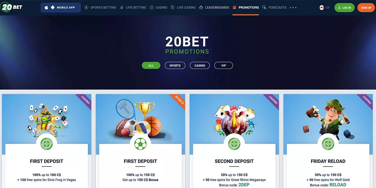 Casino bonuses and promotions on 20Bet