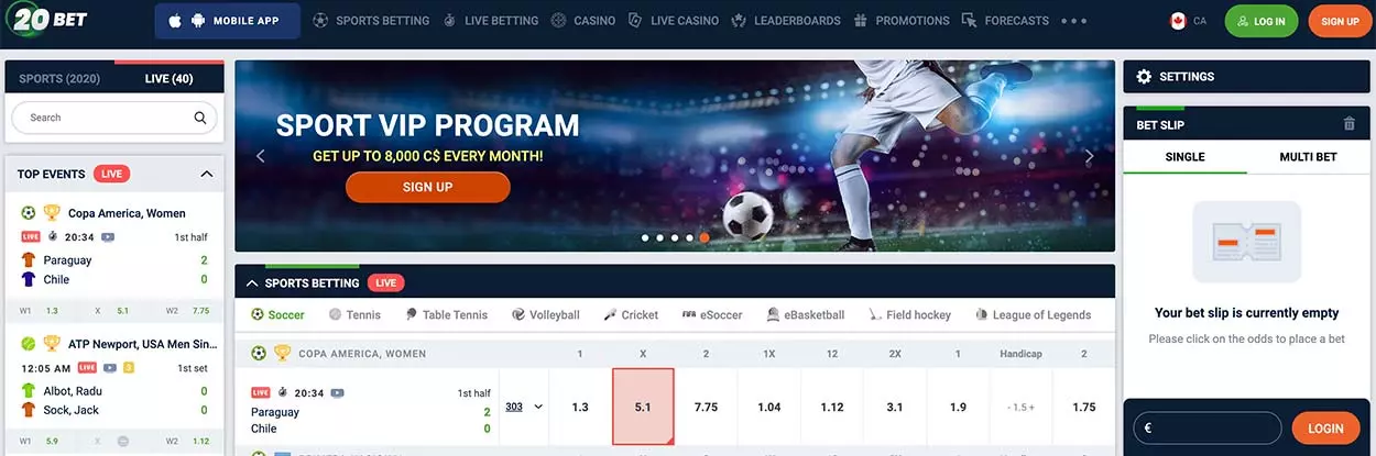 20Bet sports betting lines and crypto casino review