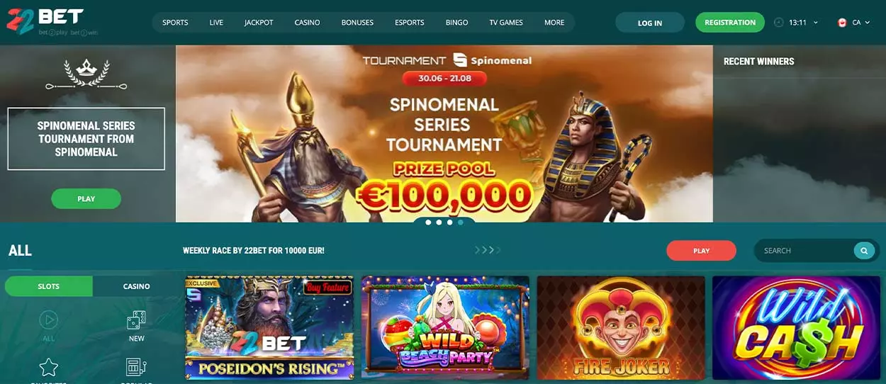 22Bet Casino Canada lobby and online slots selection