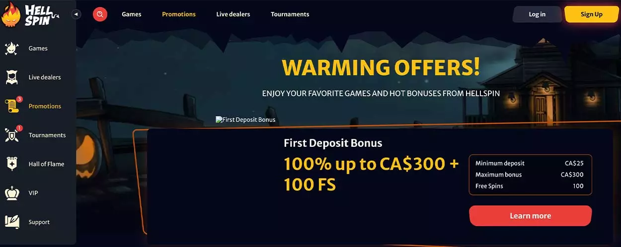 Hellspin bonus for first deposit and 100% up to $100 + 100 Free Spins