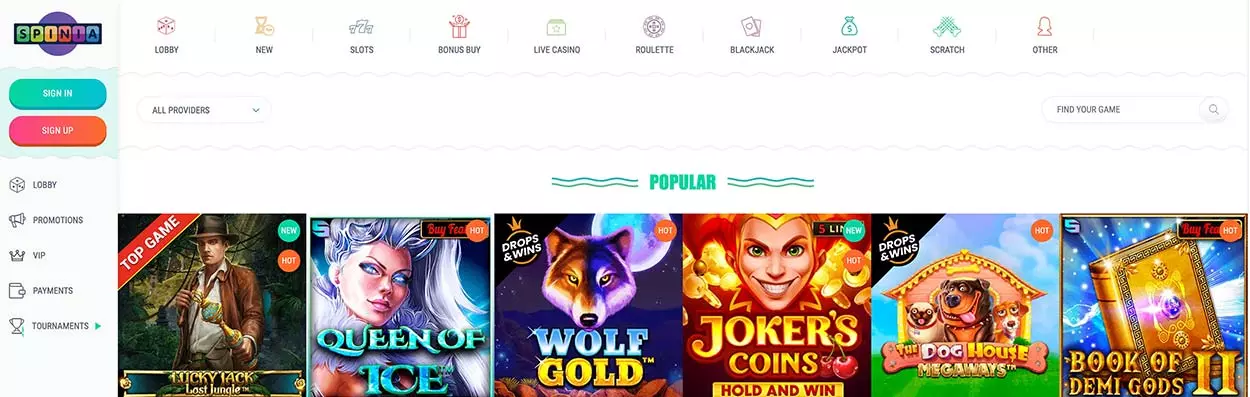 Spinia Online Slots Lobby for Canadians