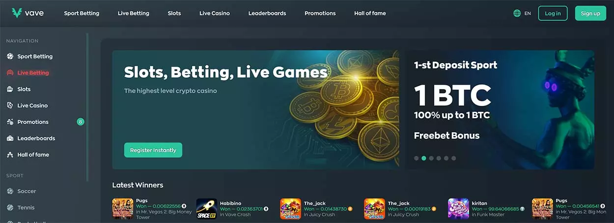 Vave Casino online gambling site home page