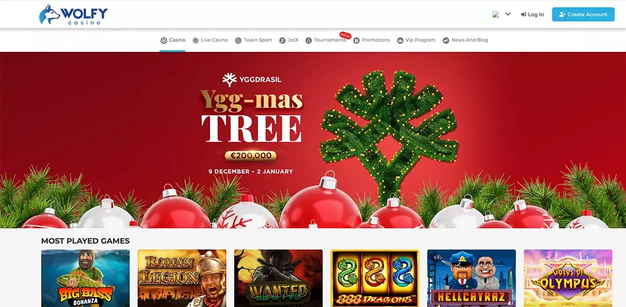 Wolfy online gambling site home page